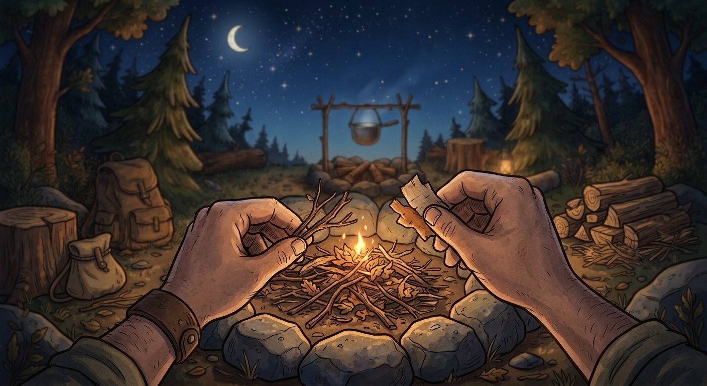 A cozy forest campsite at night with hands placing kindling in a stone fire pit