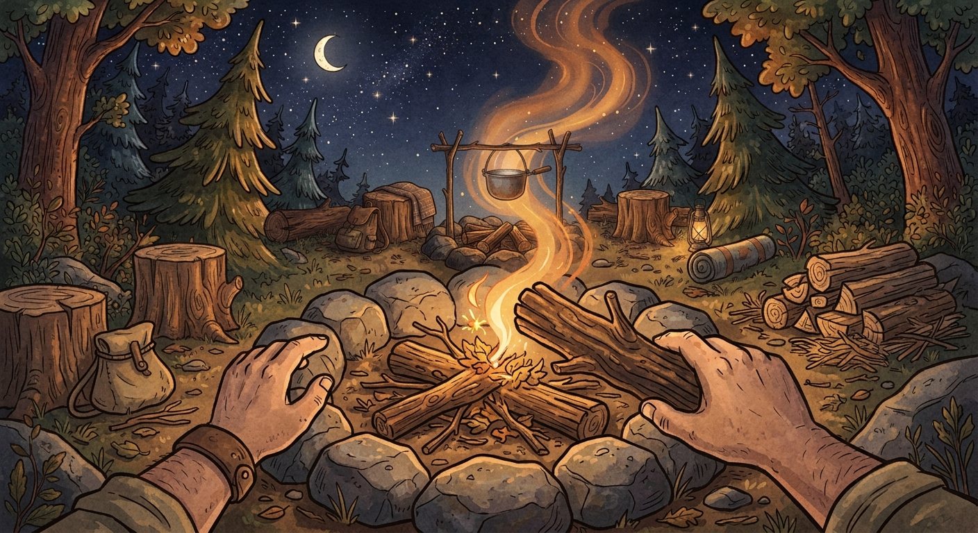 The same campfire built up with big logs and burning